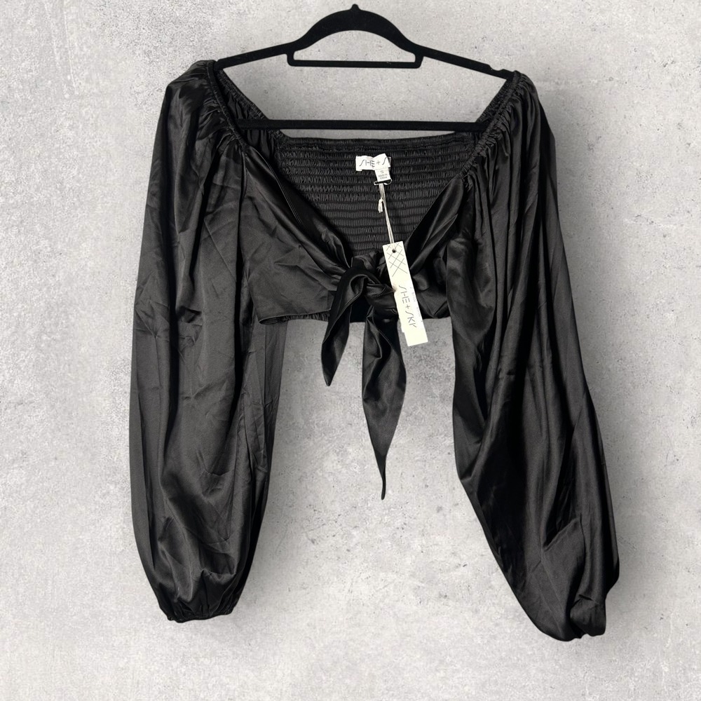 NEW She + Sky Black Crop Top Tie Front Womens S Long Sleeve Blouse Dressy Party